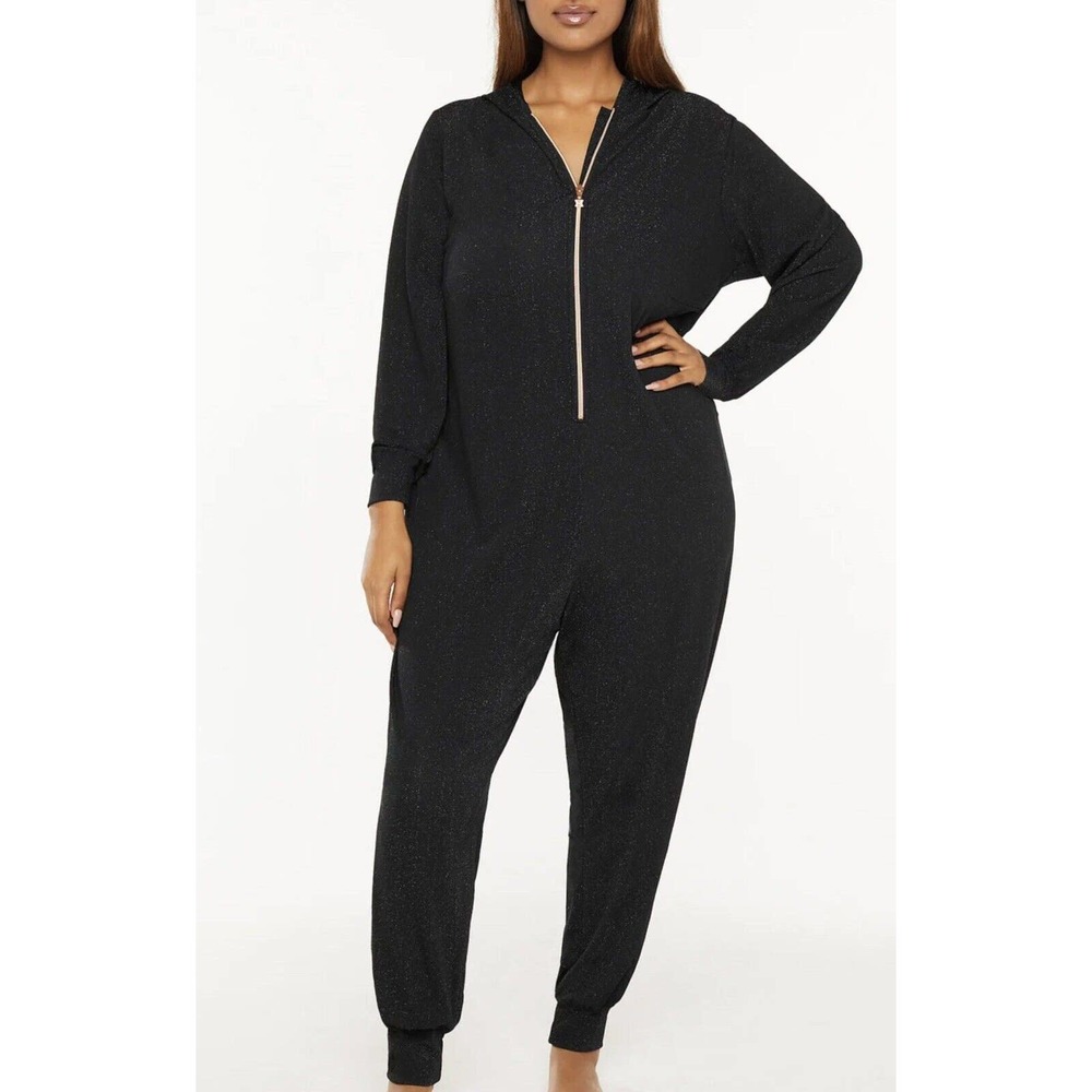 NEW RIHANNA SAVAGE X FENTY HOODED JUMPSUIT Black Caviar SLEEP SHINE Logo SZ 3X